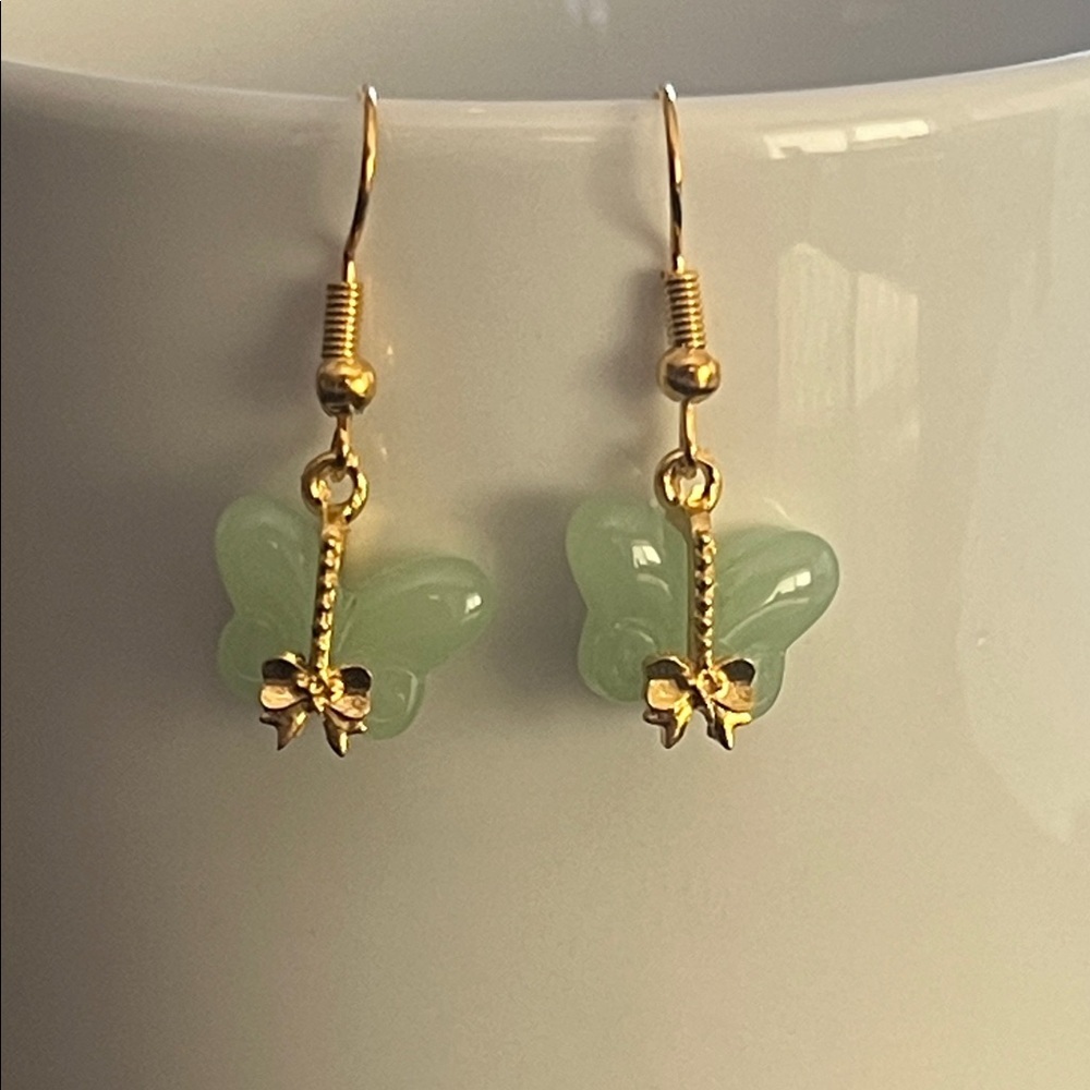 Green Jade Drop Earrings Gold Tone Transformation Butterfly Dainty Stone Jewelry